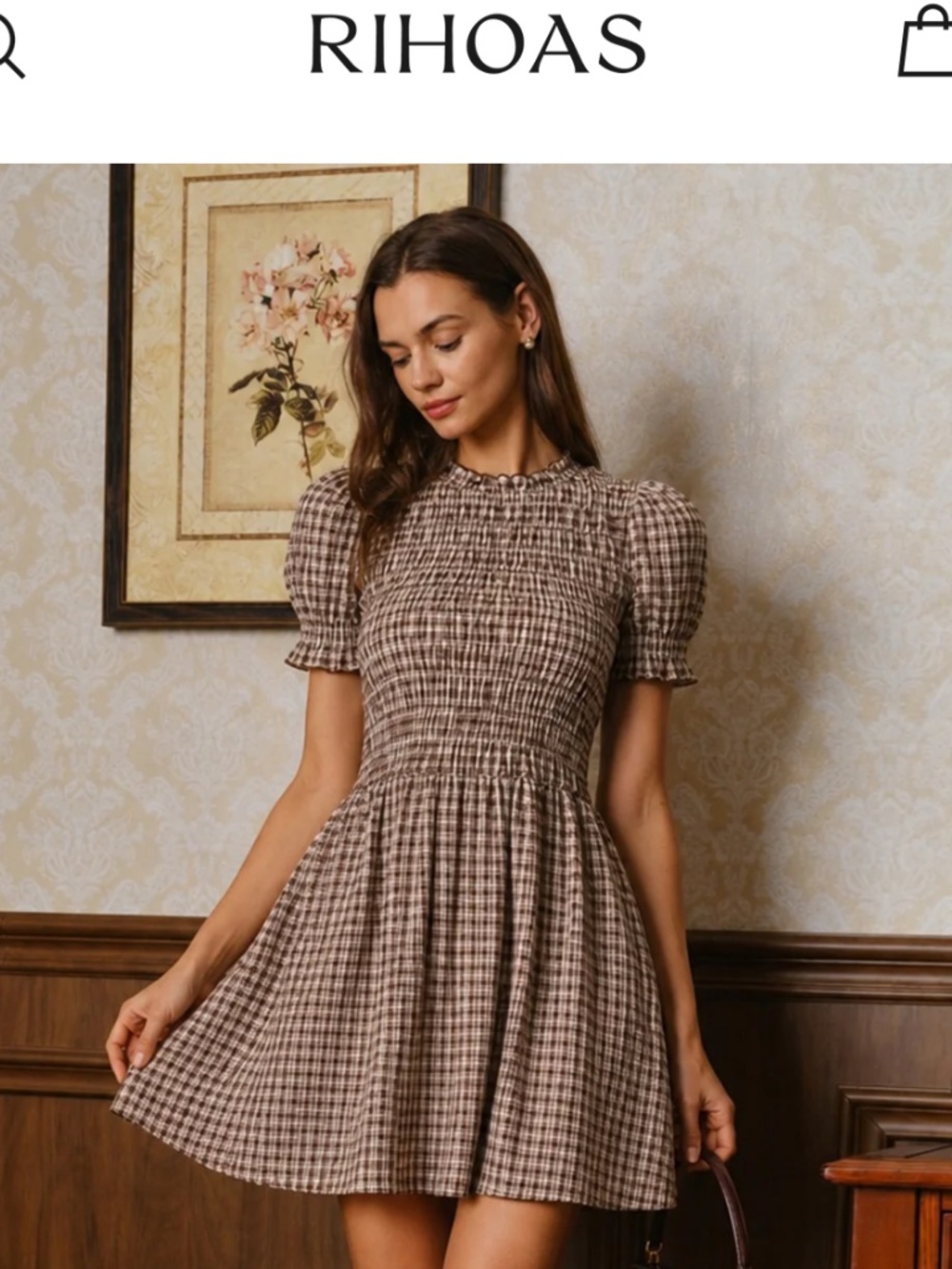 Rihoas brown smocked mini gingham dress